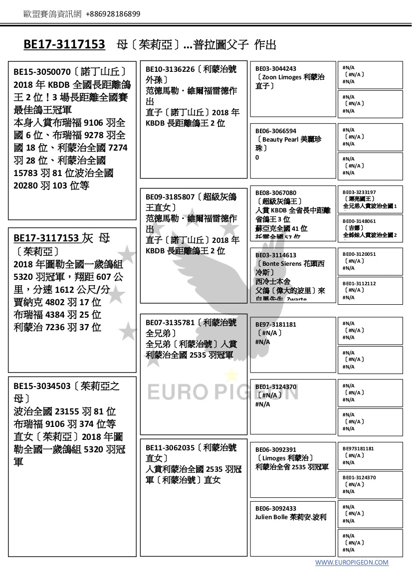 歐盟賽鴿資訊網 +886928186899   BE17-3117153 母〔茱莉亞〕...普拉圖父子 作出      BE15-3050070〔諾丁山丘〕 2018 年 KBDB 全國長距離鴿 王 2 位!3 場長距離全國賽 最佳鴿王冠軍 本身入賞布瑞福 9106 羽全 國 6 位、布瑞福 9278 羽全 國 18 位、利蒙治全國 7274 羽 28 位、利蒙治全國 15783 羽 81 位波治全國 20280 羽 103 位等 BE10-3136226〔利蒙治號 外孫〕 范德馬勒.維爾福雷德作 出 直子〔諾丁山丘〕2018 年 KBDB 長距離鴿王 2 位 BE03-3044243 〔Zoon Limoges 利蒙治 直子〕 #N/A 〔#N/A〕 #N/A  #N/A 〔#N/A〕 #N/A   BE06-3066594 〔Beauty Pearl 美麗珍 珠〕 0 #N/A 〔#N/A〕 #N/A  #N/A 〔#N/A〕 #N/A     BE09-3185807〔超級灰鴿 王直女〕 范德馬勒.維爾福雷德作 出 直子〔諾丁山丘〕2018 年 KBDB 長距離鴿王 2 位 BE08-3067080 〔超級灰鴿王〕 入賞 KBDB 全省長中距離 省鴿王 3 位 蘇亞克全國 41 位 托雷全國 57 位  BE17-3117153 灰 母 〔茱莉亞〕 2018 年圖勒全國一歲鴿組 5320 羽冠軍，翔距 607 公 里，分速 1612 公尺/分 賈納克 4802 羽 17 位 布瑞福 4384 羽 25 位 利蒙治 7236 羽 37 位  波治全國 88 位 Monsieur B92-3115283， 位 BE03-3233197 〔漂亮國王〕 全兄弟入賞波治全國 1 位  作BE出00直-31子48[06超1 級灰鴿 王〔]吉娜〕 全姊妹入賞波治全國 2 作出直子[超級灰鴿   B利E蒙03治-31全14國61838 位 〔Bonte Sierens 花頭西 布瑞福全國 136 位 冷斯〕 西冷士本舍 父鴿〔偉大的波里〕來 自黑先生 Zwarte BE00-3120051 王] 〔#N/A〕 #N/A  BE01-3112112 〔#N/A〕 #N/A  BE07-3135781〔利蒙治號 全兄弟〕 全兄弟〔利蒙治號〕入賞 利蒙治全國 2535 羽冠軍 來自行家范達美 Herman BE97-3181181   Vandamme 、立頁大.安 〔#N/A〕 德烈的晚生鴿灰藝術 #N/A 家、喬治.波里 Georges Bolle 的血系 #N/A 〔#N/A〕 #N/A  #N/A 〔#N/A〕 #N/A    BE15-3034503〔茱莉亞之 母〕 波治全國 23155 羽 81 位 布瑞福 9106 羽 374 位等 直女〔茱莉亞〕2018 年圖 勒全國一歲鴿組 5320 羽冠 軍 BE01-3124370 〔#N/A〕 #N/A #N/A 〔#N/A〕 #N/A  #N/A 〔#N/A〕 #N/A    BE11-3062035〔利蒙治號 直女〕 入賞利蒙治全國 2535 羽冠 軍〔利蒙治號〕直女 BE06-3092391 〔Limoges 利蒙治〕 利蒙治全省 2535 羽冠軍 BE973181181 〔#N/A〕 #N/A  BE01-3124370 〔#N/A〕 #N/A   BE06-3092433 Julien Bolle 茱莉安.波利 #N/A 〔#N/A〕 #N/A  #N/A 〔#N/A〕 #N/A WWW.EUROPIGEON.COM  