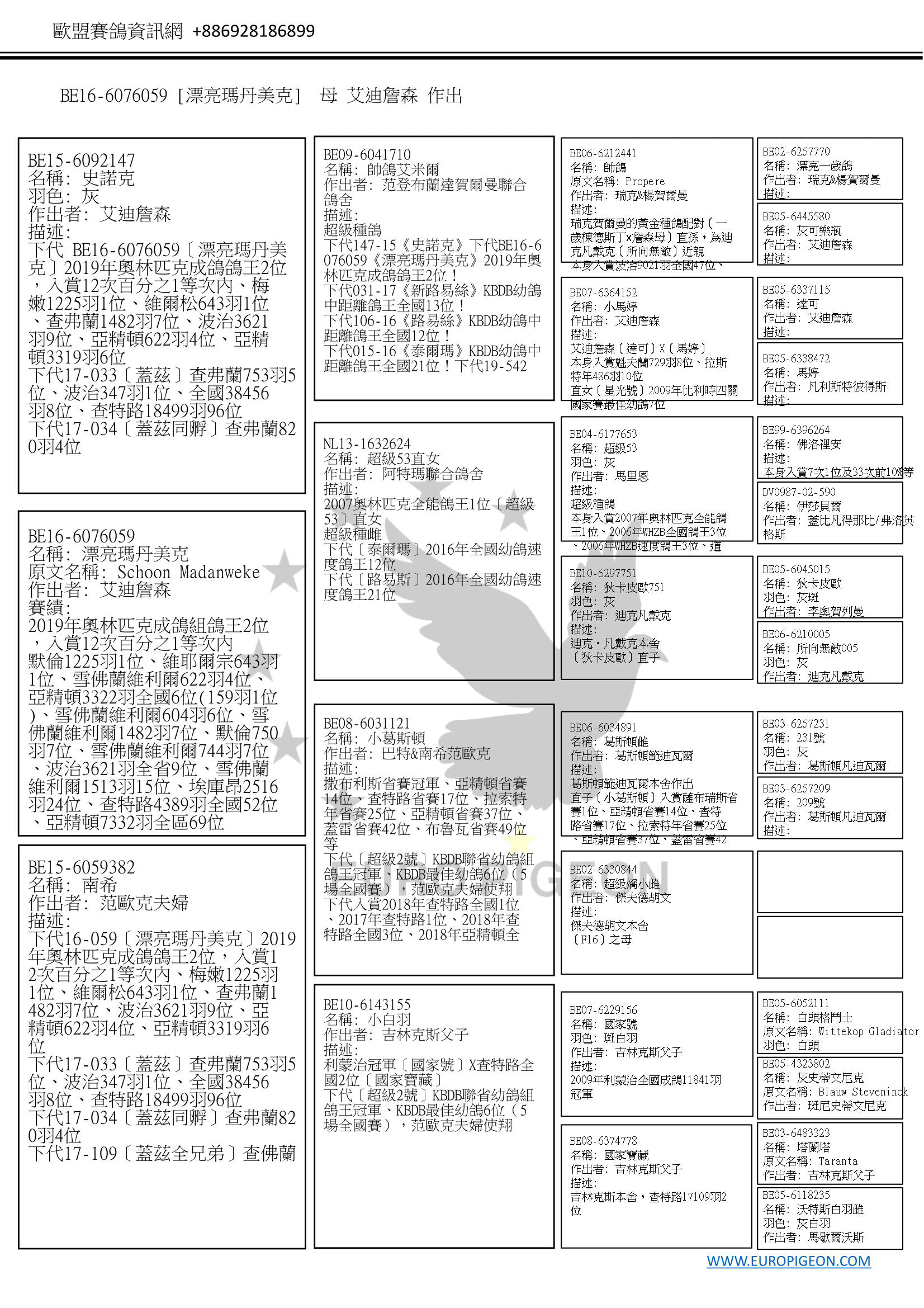 鴿子資訊 環號: BE16-6076059【漂亮瑪丹美克】 姓名: - 性別: 母 顏色: - 眼睛顏色: - 色環: - 描述 全兄弟17-033〔蓋茲〕查弗蘭753羽5位、波治347羽1位、全國38456羽8位、查特路18499羽96位 同父母17-034〔蓋茲同孵〕查弗蘭820羽4位 全兄弟17-109〔蓋茲全兄弟〕查佛蘭866羽9位、波治38456羽62位等，下代066-18入賞梅倫601羽3位 全姐妹18-030〔銀瑪丹美克〕米倫601羽1位、米倫851羽7位 全姐妹18-109〔小瑪丹美克〕查特路17269羽25位 比賽紀錄 2019年奧林匹克成鴿組鴿王2位，入賞12次百分之1等次內 默倫1225羽1位、維耶爾宗643羽1位、雪佛蘭維利爾622羽4位、亞精頓3322羽全國6位(159羽1位)、雪佛蘭維利爾604羽6位、雪佛蘭維利爾1482羽7位、默倫750羽7位、雪佛蘭維利爾744羽7位、波治3621羽全省9位、雪佛蘭維利爾1513羽15位、埃庫昂2516羽24位、查特路4389羽全國52位、亞精頓7332羽全區69位 父母及重要親屬 關係	描述 父親鴿	環號: BE15-6092147 姓名: 史諾克 性別: ♂ 出生年: 2015 羽色: 灰 作出者: 艾迪詹森 描述: 下代 BE16-6076059〔漂亮瑪丹美克〕2019年奧林匹克成鴿鴿王2位，入賞12次百分之1等次內、梅嫩1225羽1位、維爾松643羽1位、查弗蘭1482羽7位、波治3621羽9位、亞精頓622羽4位、亞精頓3319羽6位 下代17-033〔蓋茲〕查弗蘭753羽5位、波治347羽1位、全國38456羽8位、查特路18499羽96位 下代17-034〔蓋茲同孵〕查弗蘭820羽4位 下代17-109〔蓋茲全兄弟〕查佛蘭866羽9位、波治38456羽62位等 下代18-030〔銀瑪丹美克〕米倫601羽1位、米倫851羽7位 下代18-109〔小瑪丹美克〕查特路17269羽25位 全姐妹031-17〔新路易絲〕KBDB幼鴿中短距離鴿王全國13位！ 全姐妹106-16〔路易絲〕KBDB幼鴿中短距離鴿王全國12位！ 全姐妹015-16〔泰爾瑪〕KBDB幼鴿中短距離鴿王全國21位！下代19-542入賞雪佛蘭1373羽19位、雪佛蘭941羽17位、拉索特年15939羽全國16位 全姐妹196-17〔鴿王123之母〕下代123-20〔鴿王123〕入賞鴿王全國10位 ㄴ祖父鴿	環號: BE09-6041710 姓名: 帥鴿艾米爾 性別: ♂ 出生年: 2009 作出者: 范登布蘭達賀爾曼聯合鴿舍 描述: 超級種鴿 下代147-15《史諾克》下代BE16-6076059《漂亮瑪丹美克》2019年奧林匹克成鴿鴿王2位！ 下代031-17《新路易絲》KBDB幼鴿中距離鴿王全國13位！ 下代106-16《路易絲》KBDB幼鴿中距離鴿王全國12位！ 下代015-16《泰爾瑪》KBDB幼鴿中距離鴿王全國21位！下代19-542入賞雪佛蘭1373羽19位、雪佛蘭941羽17位、拉索特年15939羽全國16位 下代024-15《克拉》索佩斯893羽7位、米倫1495羽14位，下代18-006入賞拿永498羽1位 下代631-19《新史諾克》下代20-035入賞塞爾邁塞1350羽15位、拿永772羽27位 下代196-17《鴿王123之母》下代123-20《鴿王123》入賞鴿王全國10位 ㄴ祖母鴿	環號: NL13-1632624 姓名: 超級53直女 性別: ♀ 出生年: 2013 作出者: 阿特瑪聯合鴿舍 描述: 2007奧林匹克全能鴿王1位〔超級53〕直女 超級種雌 下代〔泰爾瑪〕2016年全國幼鴿速度鴿王12位 下代〔路易斯〕2016年全國幼鴿速度鴿王21位 母親鴿	環號: BE15-6059382 姓名: 南希 性別: ♀ 出生年: 2015 作出者: 范歐克夫婦 描述: 下代16-059〔漂亮瑪丹美克〕2019年奧林匹克成鴿鴿王2位，入賞12次百分之1等次內、梅嫩1225羽1位、維爾松643羽1位、查弗蘭1482羽7位、波治3621羽9位、亞精頓622羽4位、亞精頓3319羽6位 下代17-033〔蓋茲〕查弗蘭753羽5位、波治347羽1位、全國38456羽8位、查特路18499羽96位 下代17-034〔蓋茲同孵〕查弗蘭820羽4位 下代17-109〔蓋茲全兄弟〕查佛蘭866羽9位、波治38456羽62位等 下代18-030〔銀瑪丹美克〕入賞米倫601羽1位、米倫851羽7位 下代18-109〔小瑪丹美克〕入賞查特路17269羽25位 ㄴ祖父鴿	環號: BE08-6031121 姓名: 年輕葛斯頓 性別: ♂ 出生年: 2008 作出者: 巴特&南希范歐克 描述: 撒布利斯省賽冠軍、亞精頓省賽14位、查特路省賽17位、拉索特年省賽25位、亞精頓省賽37位、蓋雷省賽42位、布魯瓦省賽49位等 下代〔超級2號〕KBDB聯省幼鴿組鴿王冠軍、KBDB最佳幼鴿6位（5場全國賽），范歐克夫婦使翔 下代入賞2018年查特路全國1位、2017年查特路1位、2018年查特路全國3位、2018年亞精頓全國3位、2017年波治3位、2016年亞精頓全國5位、2018年亞精頓全國6位、2018年查特路全國7位、2018年查特路全國9位、2018年亞精頓全國19位、2018年亞精頓全國30位、2018年亞精頓全國32位 ㄴ祖母鴿	環號: BE10-6143155 姓名: 小白羽 性別: ♀ 出生年: 2010 作出者: 吉林克斯父子 描述: 利蒙治冠軍〔國家號〕X查特路全國2位〔國家寶藏〕 下代〔超級2號〕KBDB聯省幼鴿組鴿王冠軍、KBDB最佳幼鴿6位（5場全國賽），范歐克夫婦使翔